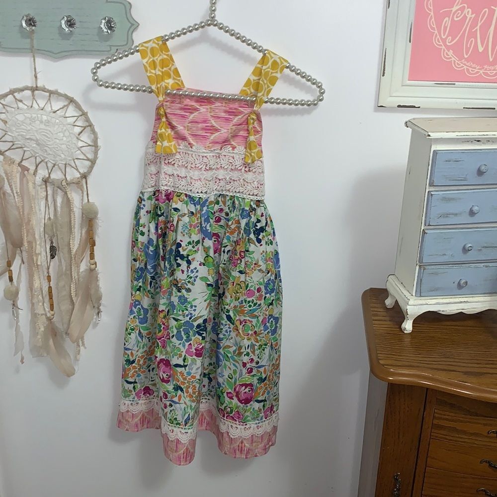 Haute Baby Girls Dress Size 10 100% Cotton Floral Mixed Print Lace Knot Straps
